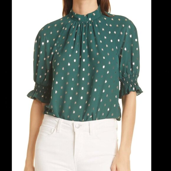 Ted Baker Jamiiee Puff Sleeve Foil Polka Dot Top Blouse Green Gold Size 5 Large - Picture 2 of 15